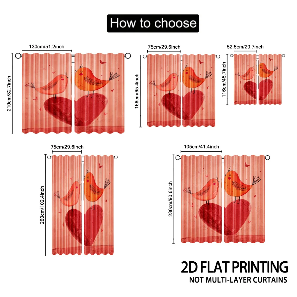 Aesthetic Heart Bird Curtain Panels Cute Pink Red Window Treatment Nursery Bedroom Decor Digital Print Shower Curtain