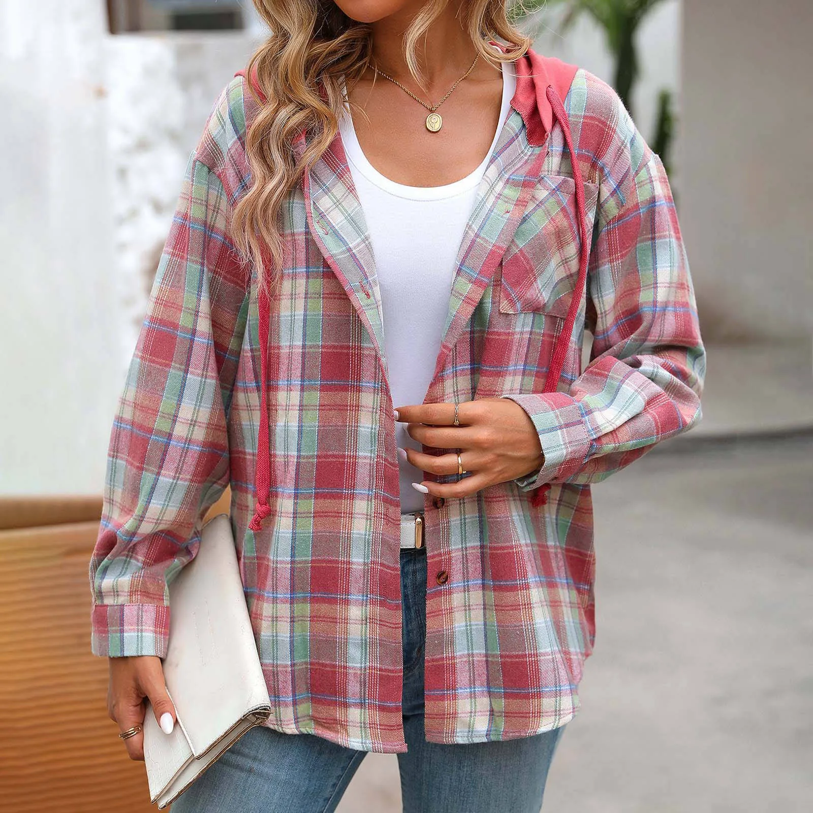 Women's Casual Hooded Plaid Print Shirt Jacket Log Sleeve T Shirts for Women