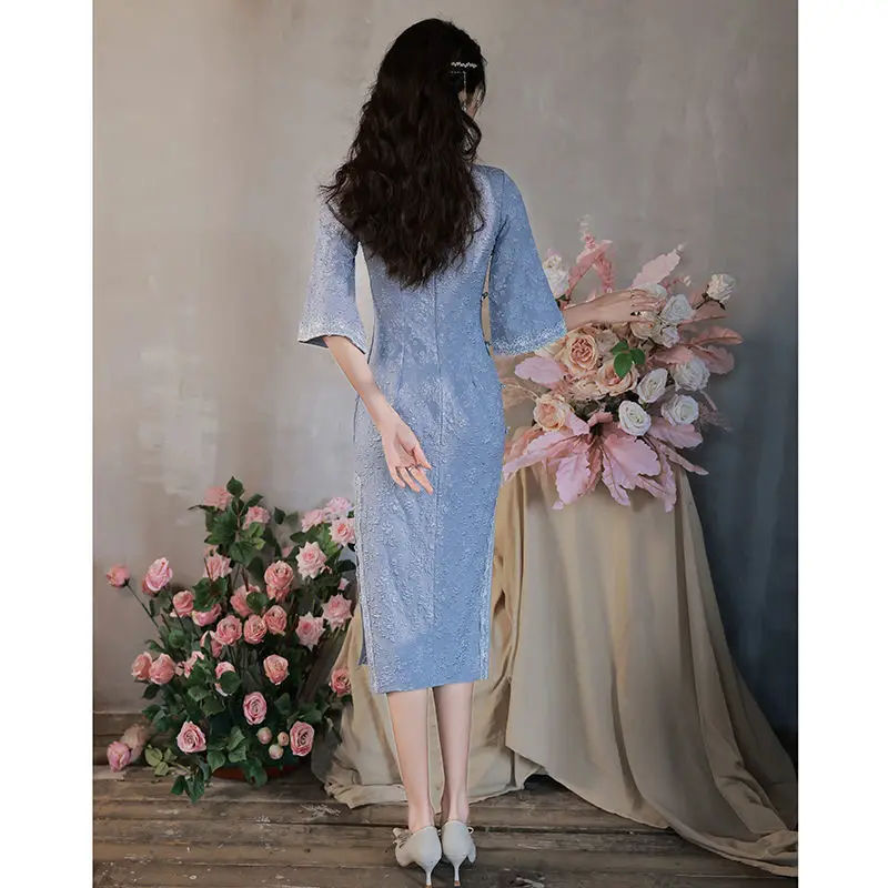 Retro Cheongsam 2022 New Summer Young Girls Improved Blue Inverted Big Sleeves Daily Elgeant Chinese Style Dress