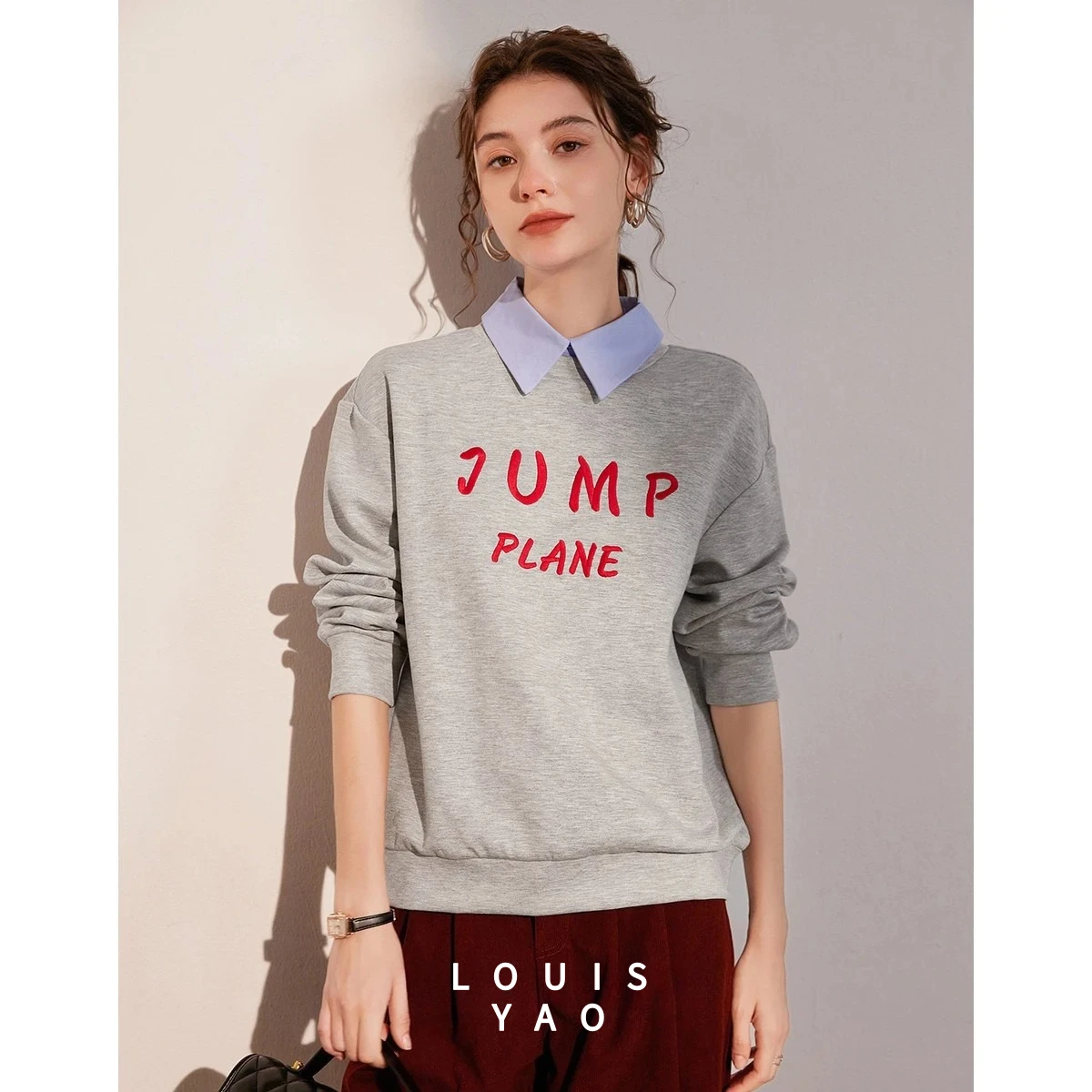 LOUISYAO Letter Embroidered Fake Two Piece Sweatshirts 2025 Spring Autumn Falling Shoulder Long Sleeve Women's Hoodie