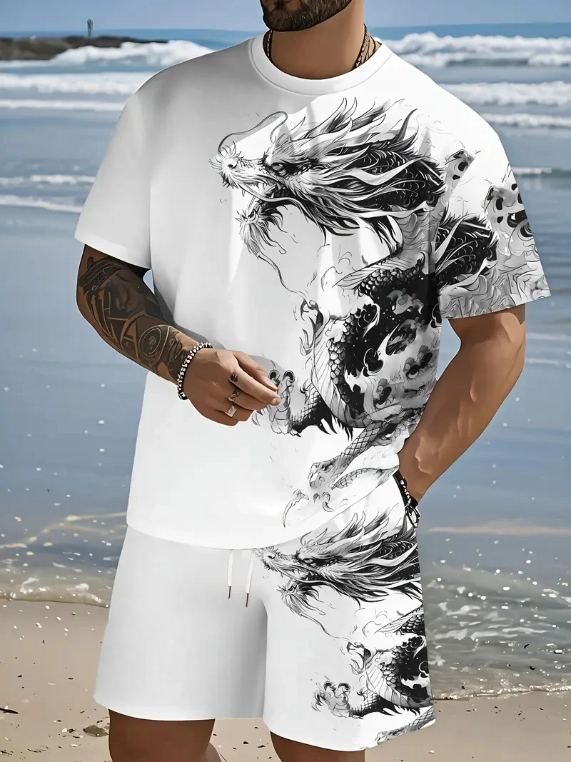 

Dragon Graphic T-shirt Shorts Set Men's Short Sleeve Tee Short 2-piece Set Summer Man Quick-drying Mesh Sports Drawstring Shorts