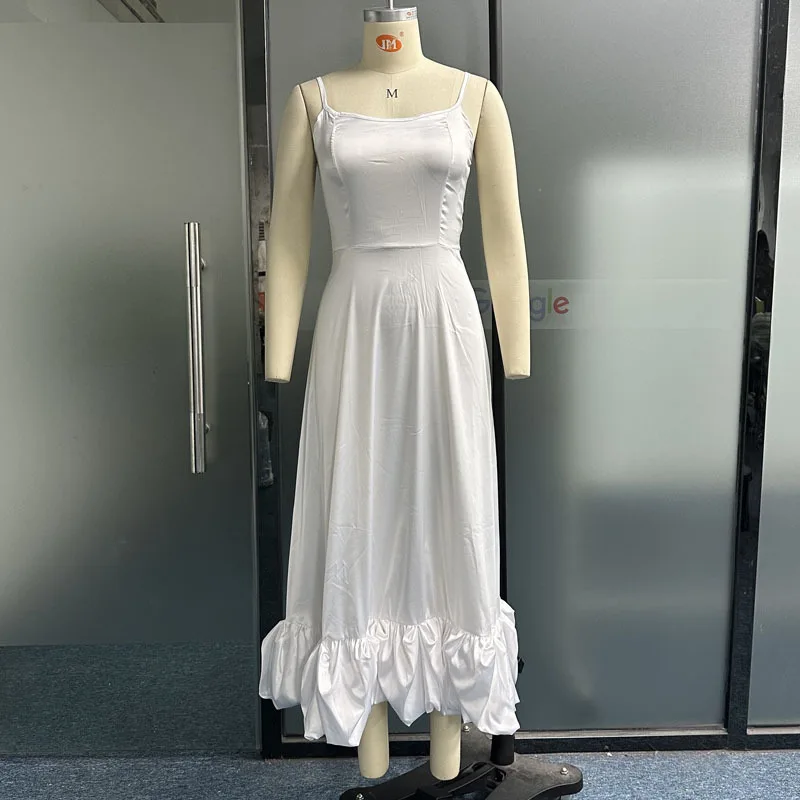 

Elegant Women's Long Skirt 2026 Summer Solid Color Round Neck A-Line Skirt Suspenders Large Skirt Dress Vacation Clothing