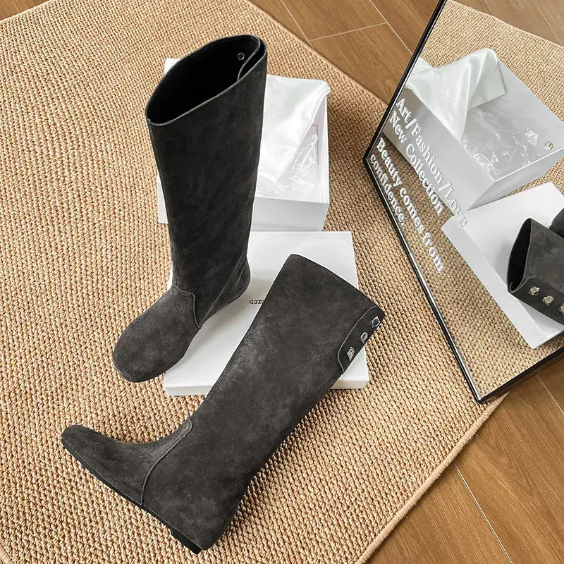 ESVEVA 2027 Fashion News Women Knee High Boots Cow Suede Winter Western Woman Shoes Wedge Heels Pleated Autumn Long Boots 34-40