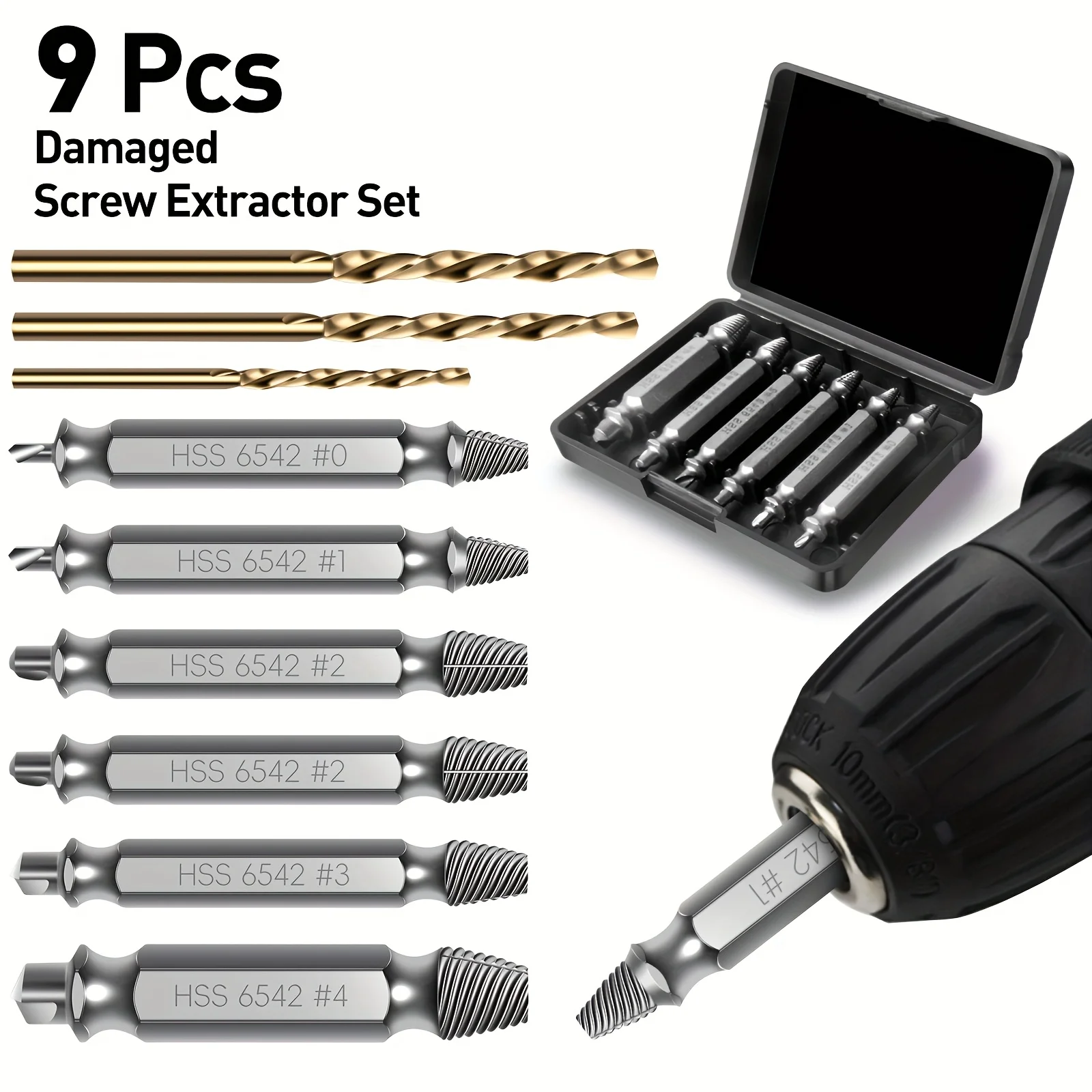 9 PCS Damaged Screw Extractor Set – HSS 6542, 65HRC, 3 Twist Drill Bits, Double-Ended Tool for Stripped & Broken Screws Removal