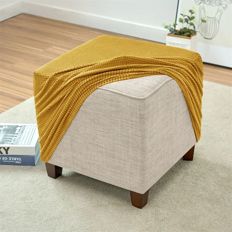 Solid Color Ottoman Stool Cover Stretch Polar Fleece Square Footstool Covers All-inclusive Footrest Slipcover Living Room Home