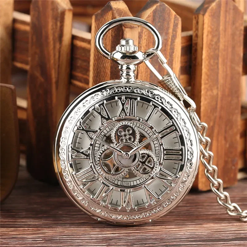 Classic Hollow Out Gear Case Men Women Hand Winding Mechanical Pocket Watch Pendant Chain Roman Numeral Dial Gift Reloj