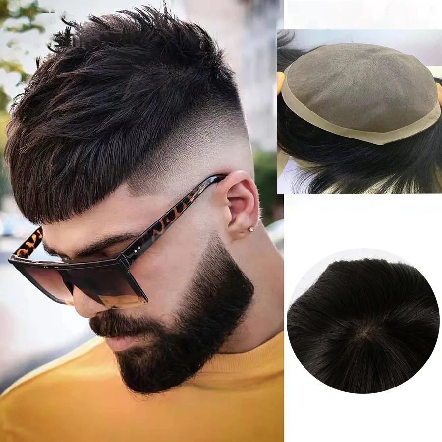 Peluquín suave negro Natural para hombres, Mono + Base de Pu, peluca de cabello humano, prótesis capilar para hombres, sistema duradero, peluquín de encaje francés australiano