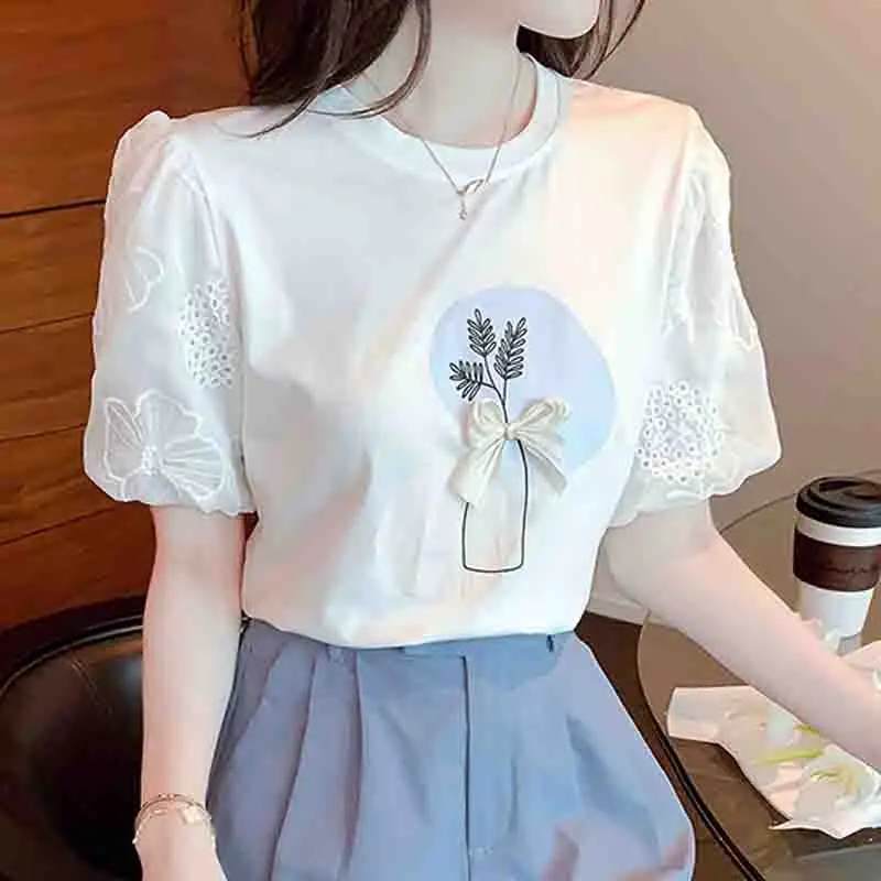 New Splicing Lace Short Sleeve Women\'s T-shirts Cotton Casual Summer White Women Tshirts Sweet Woman Tops Floral Clothes 8545