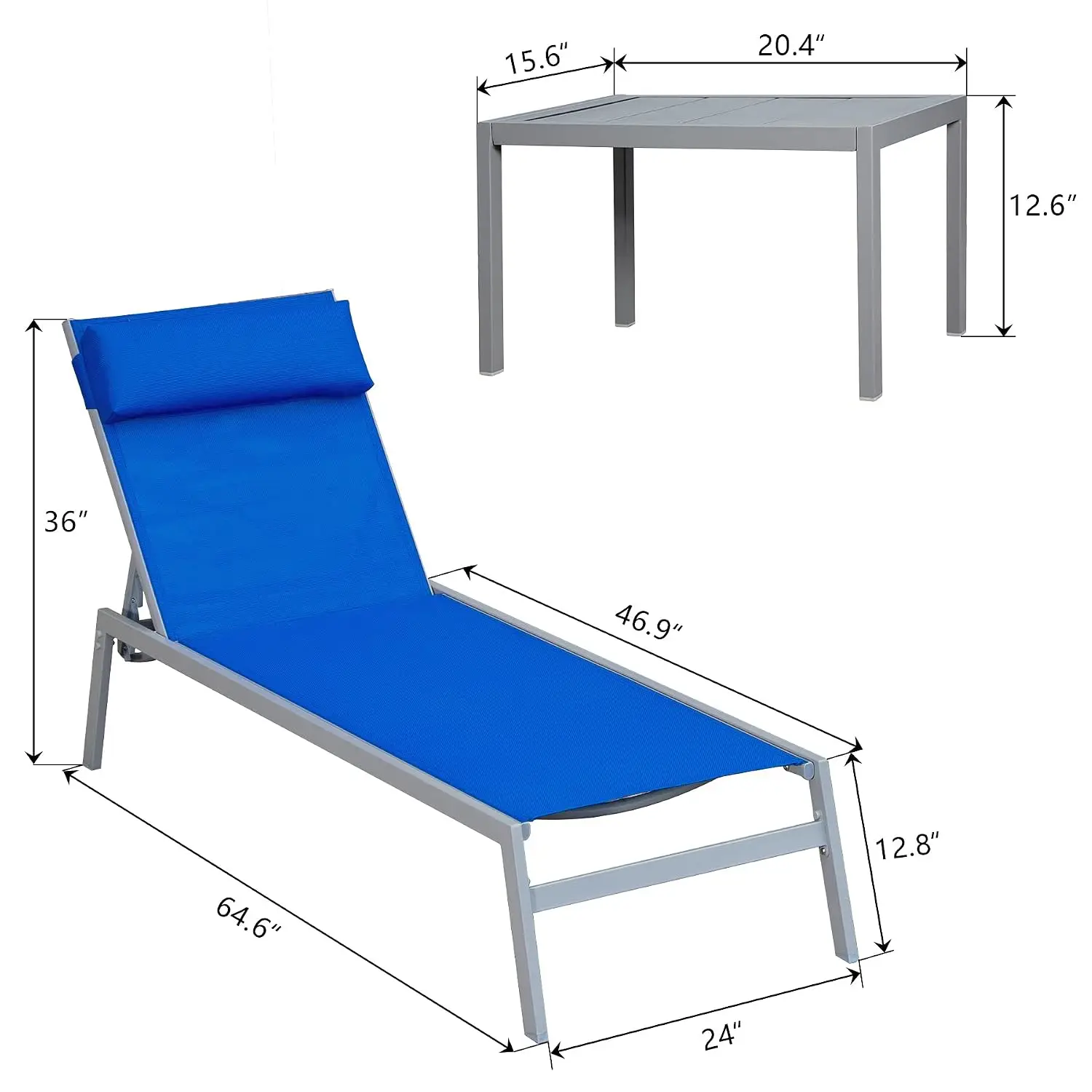 5-Position Adjustable Patio Chaise Lounge with Textilene Fabric, Headrest, Table & Steel Frame, Blue, Customized