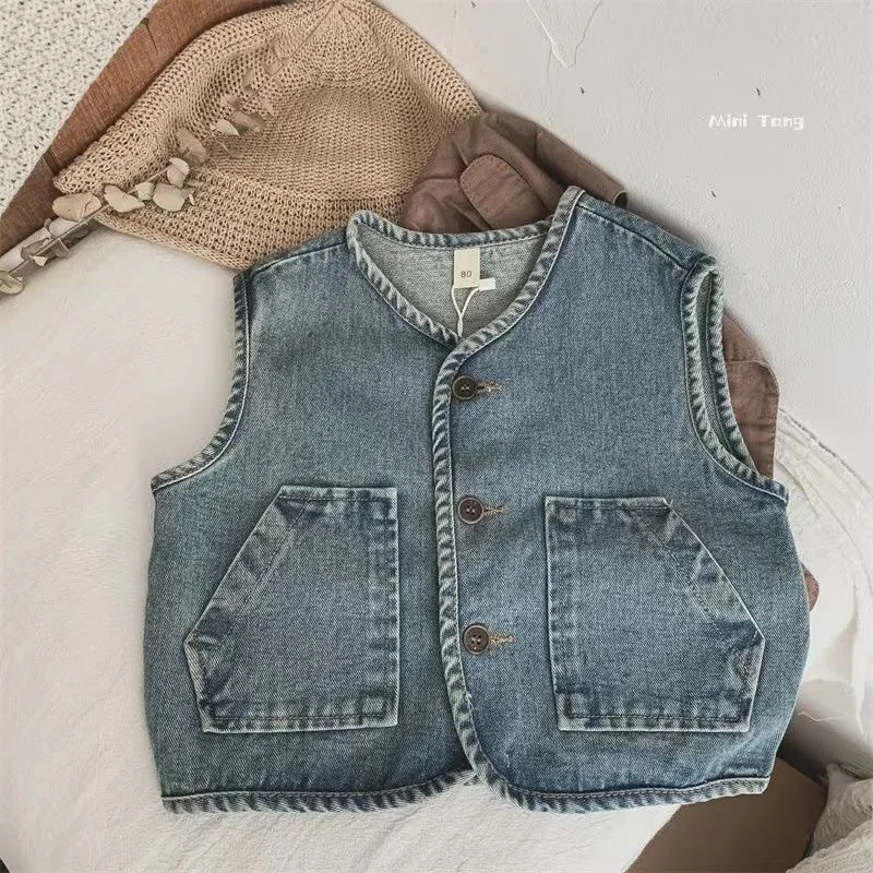 

New Autumn 2-8Y Boys Denim Vest Round Neck Sleeveless Toddler Kids Boys Vest Solid Color Pocket Children 2-8Y Boys Vest Outwear