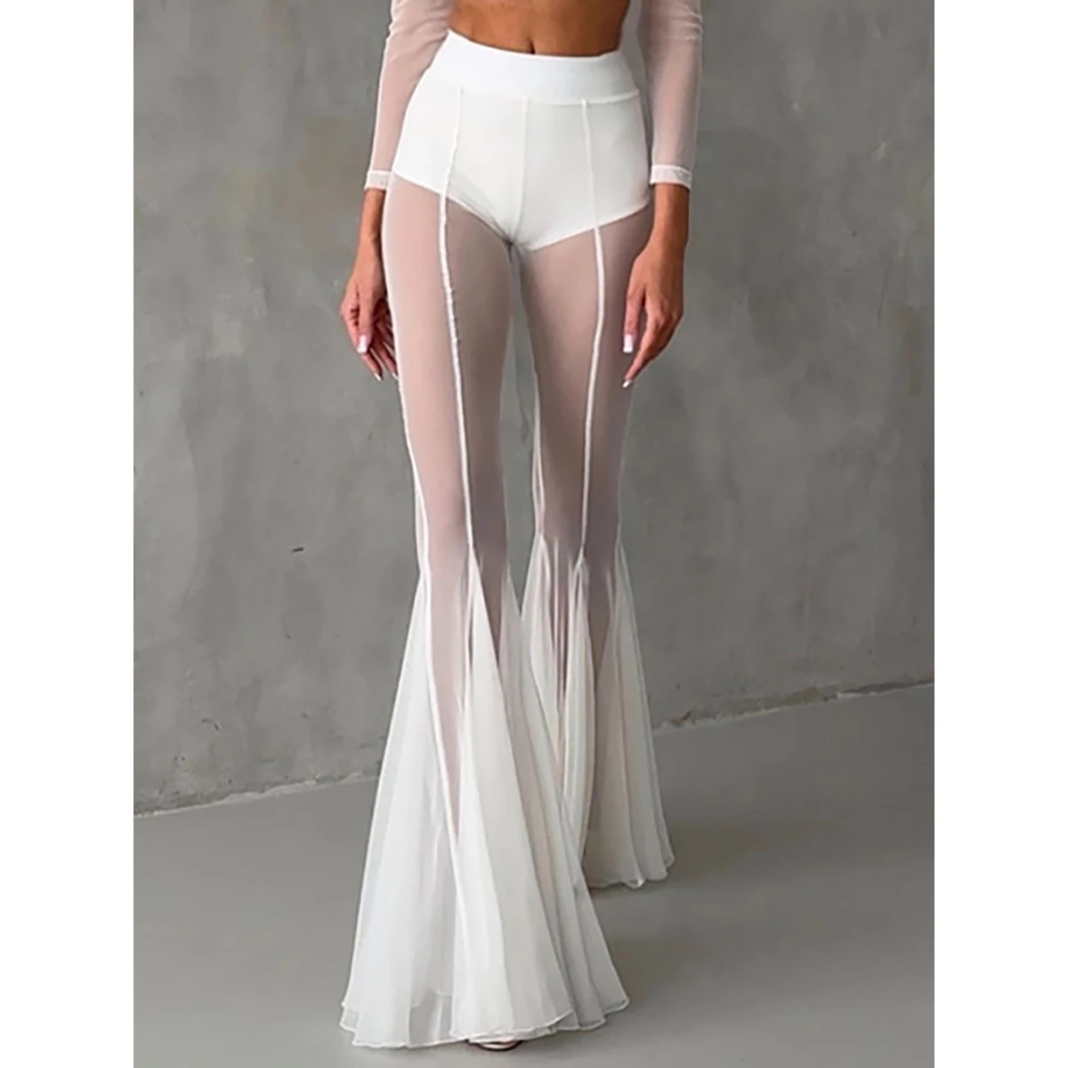 Sexy Fashionable Elastic Slim Fit Mesh Hollow out Transparent Netting Bell Bottom Pants Women's Bottoms  Color Leggings