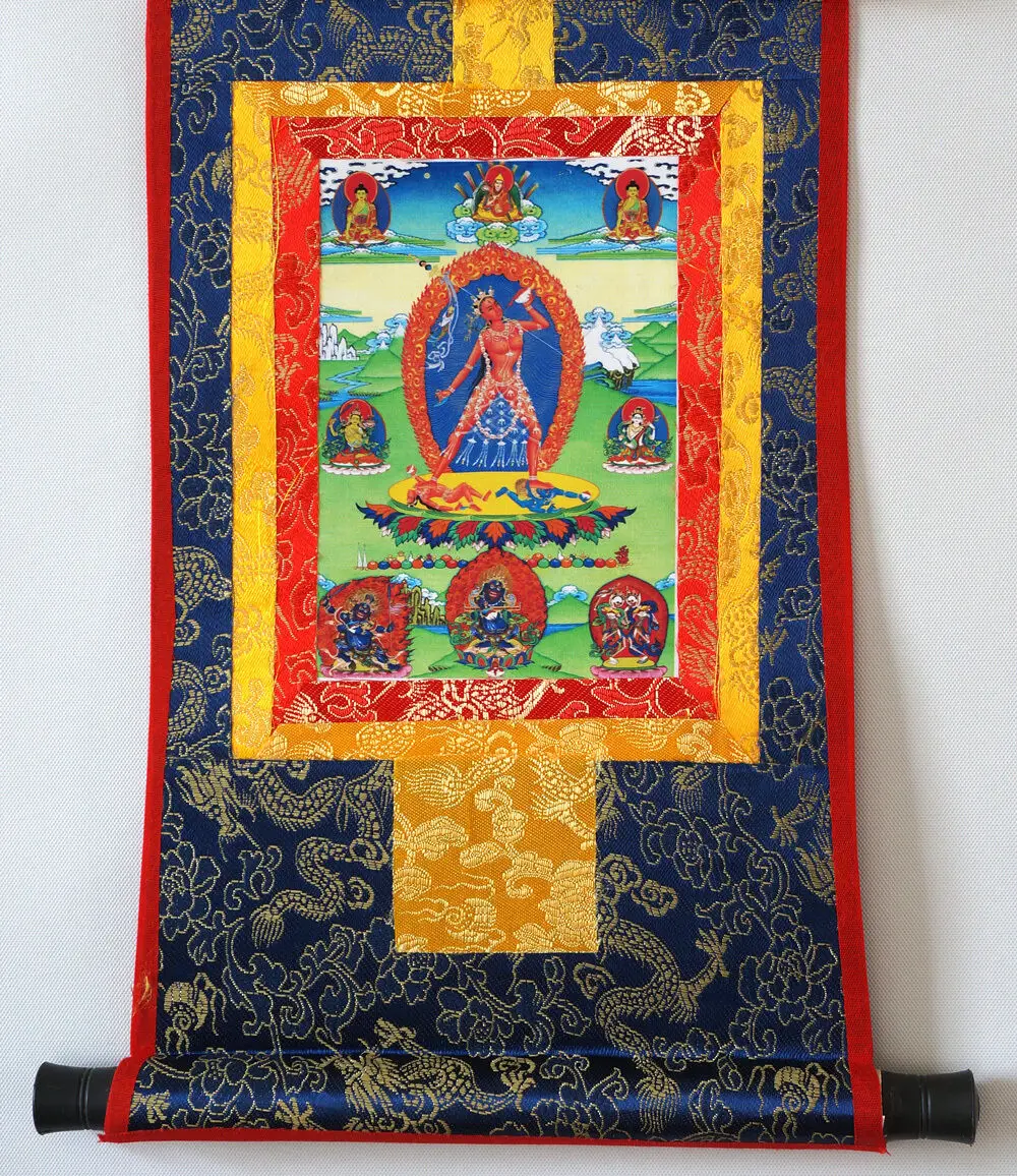 

Silk Brocaded Blessed Golden Wood Scroll Tibetan Thangka: Tantric Vajrayogini