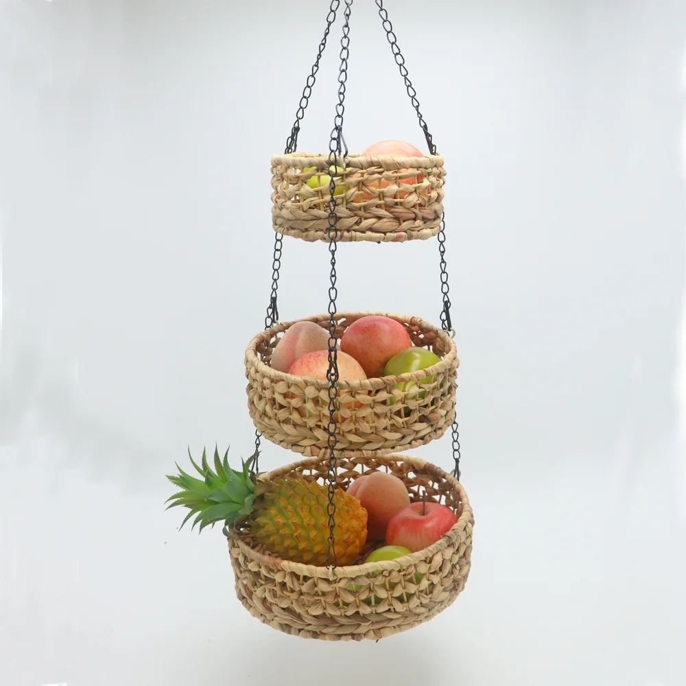 Amazon's new hotel restaurant home decoration storage basket, three-layer rattan vegetable and fruit basket, straw storage baske