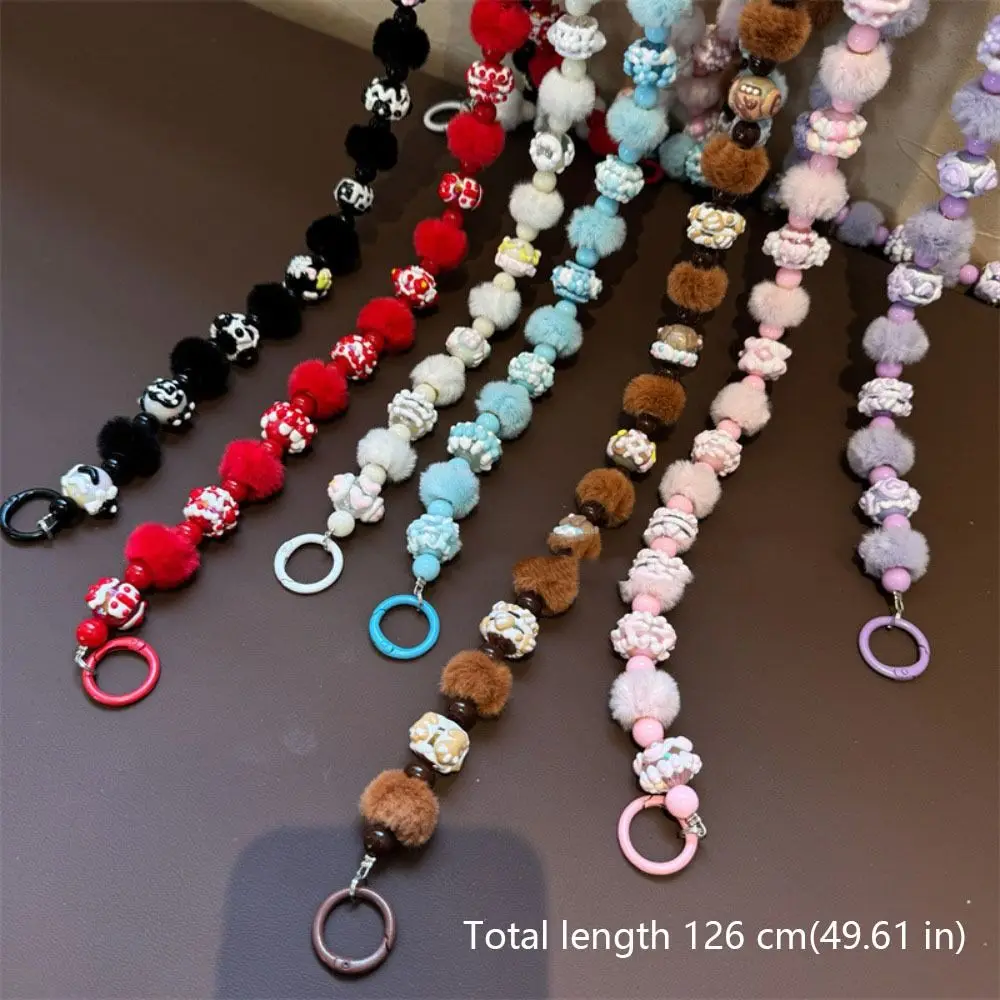 New Plush Long Mobile Phone Lanyard Universal Colorful Crossbody Bag Chain Hand-painted Beaded Phone Charm Rope
