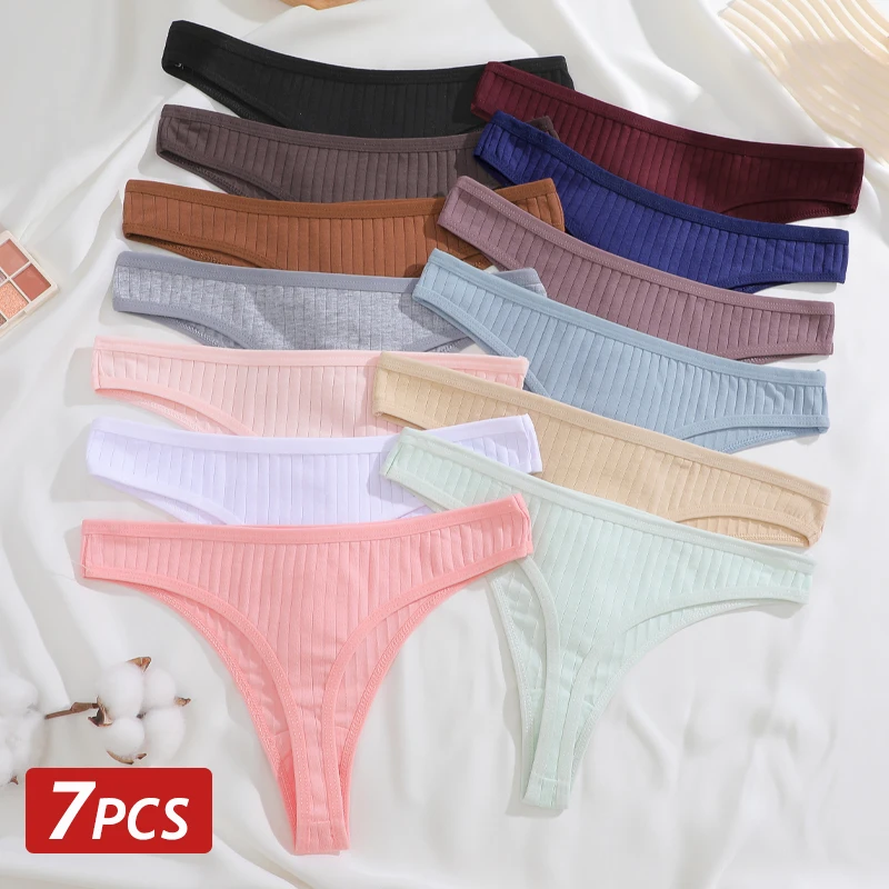 7 Uds. Bragas de algodón para mujer, tangas acanaladas, lencería Sexy de Color sólido, ropa interior transpirable para mujer, ropa interior de tiro bajo para mujer