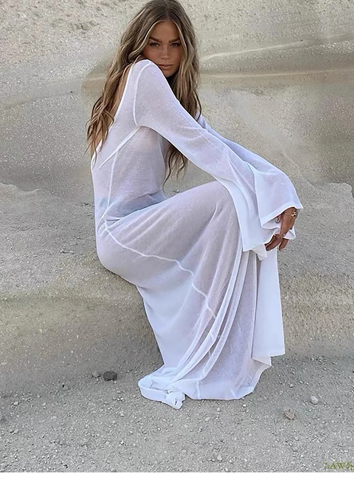 Robe dos nu à manches longues pour femmes, grande taille, mince, blanc, robe de plage transparente, été, nouveau, sexy, 8MDM