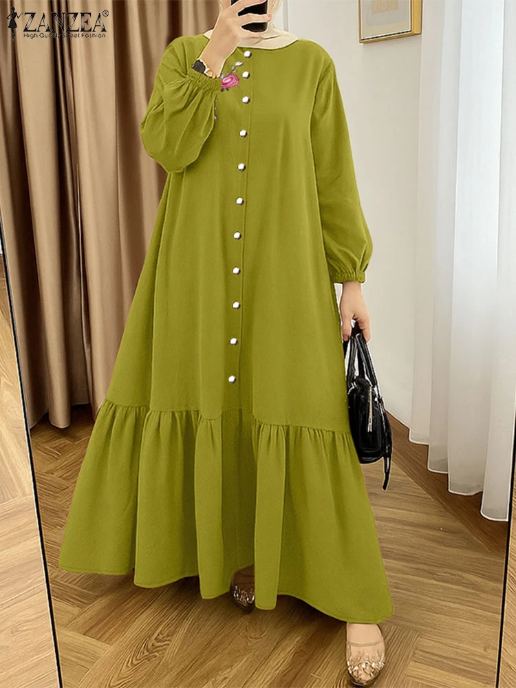 

ZANZEA Hijabis Скромная цветочная вышивка Ид Макси Длинные платья Мусульманский исламский халат с длинным рукавом и круглым вырезом на пуговицах Abya 3 цвета 3XL