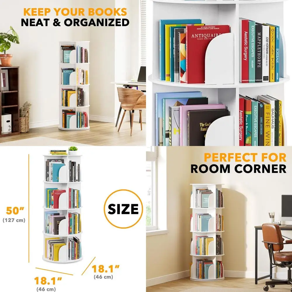 

White 4-Tier Rotating Bookshelf, 360° Spinning Storage Carousel, Corner Bookcase Organizer