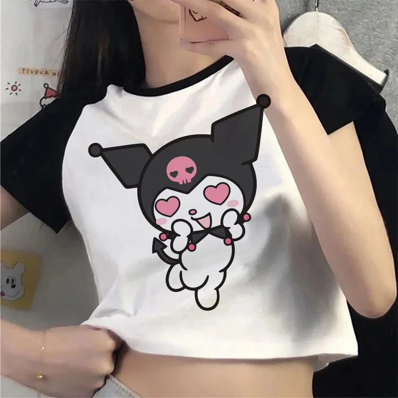 Gotik Kırpma Üst Kuromi T Gömlek Kırpılmış Sanrio Kuromi Kadın Manga T-shirt Grafik Tshirt streetwear en Tees Kadın