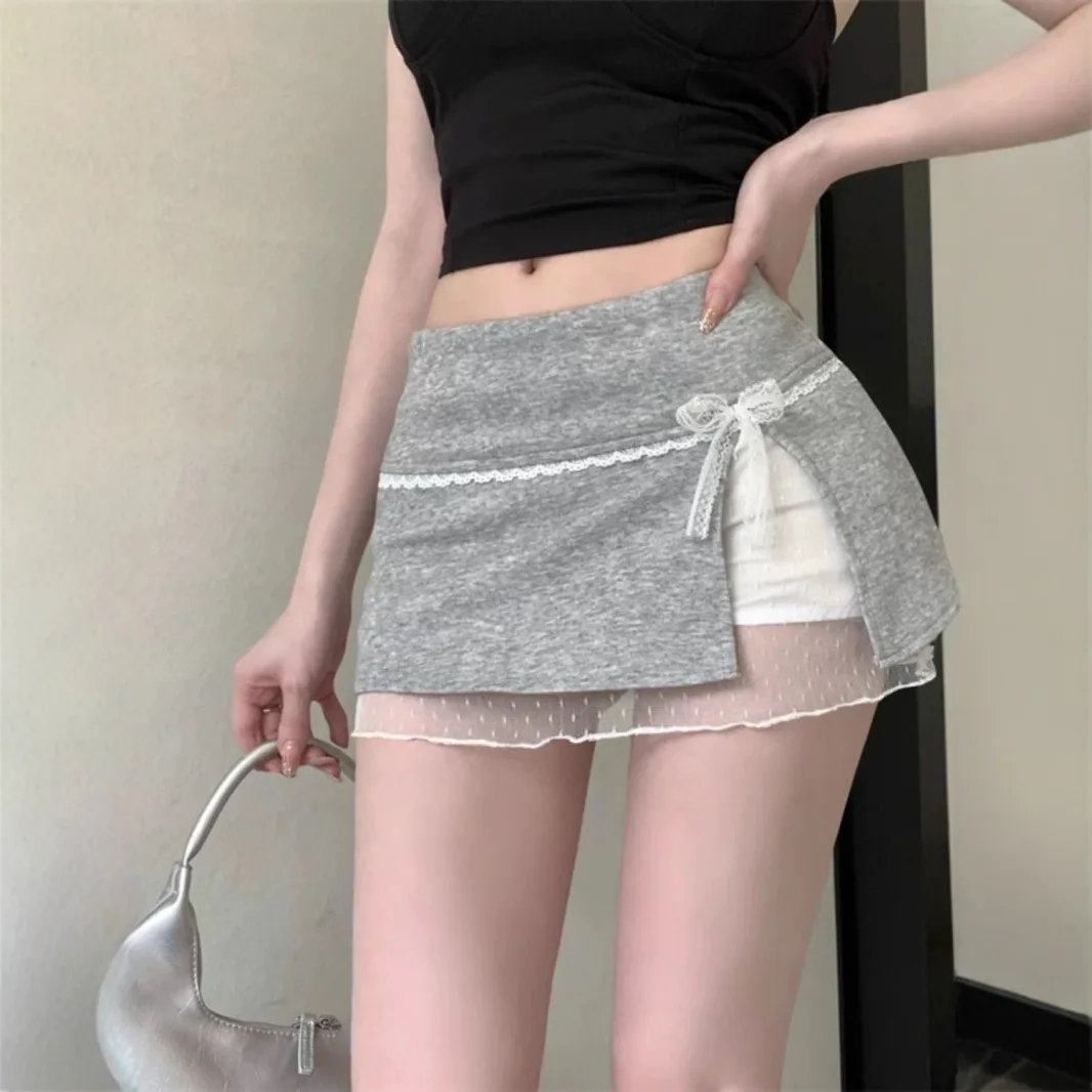 Minifalda Kumikumi con Encaje y Parches, Cintura Alta, Corte en A, para Mujer, con Lazo de Mariposa, Casual, para Verano