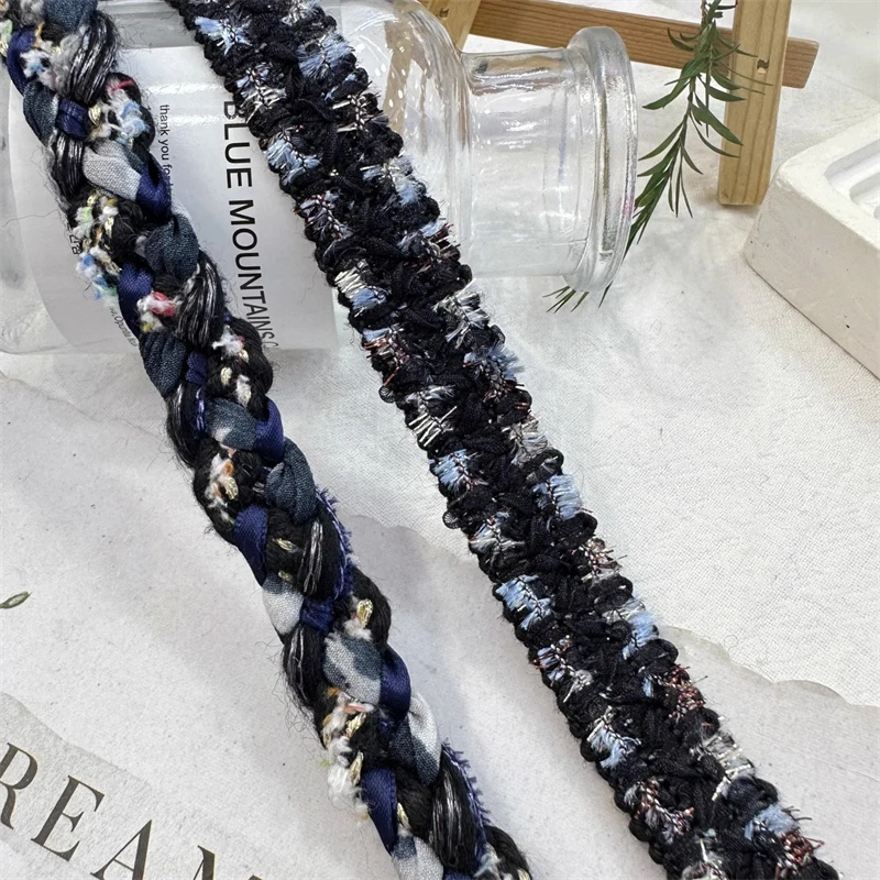 1.5cm Wide Handmade Black Blue Ribbon with Gold Thread Weaving Tweed Lace Clothing Color Matching Edge Pressing Strip Webbing