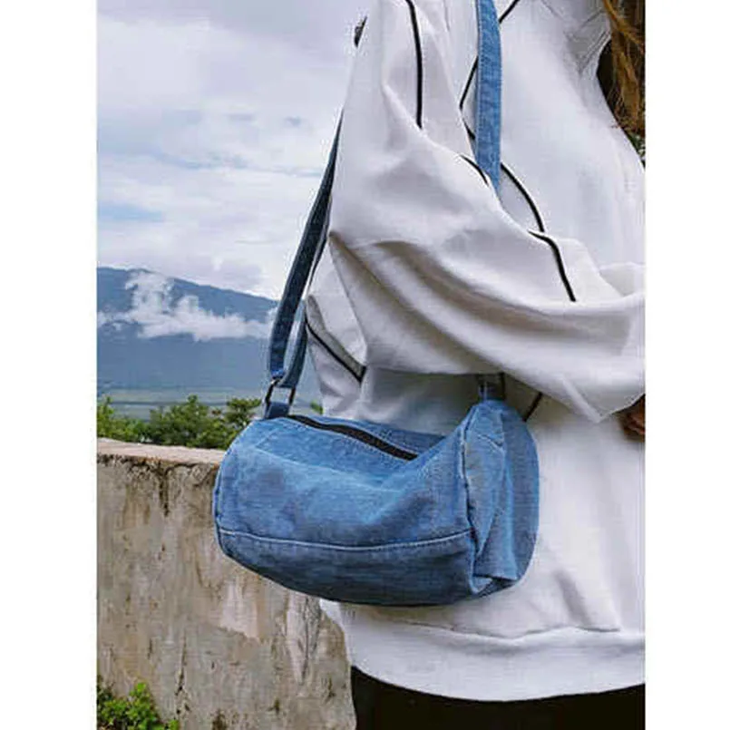 Denim Campus Unisex Large Capacity Shoulder Messenger Crossbody Bags Cylinder Jean Women Purse