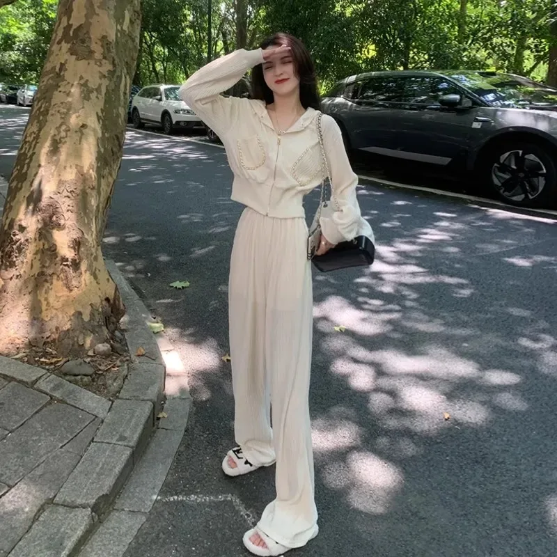 Women's Beige Textured Two Piece Set Zip Hooded Jacket Wide Leg Pants Casual Outfit with Chain Pocket