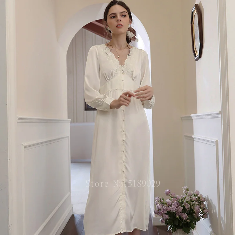 Elegant Nightdress Women Satin Wedding Morning Gown Sexy Embroider Flower Nightgown Long Sleepwear Causal Home Dress Nightwear