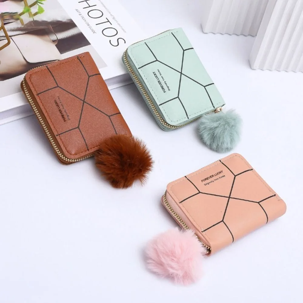 Fashion Zipper Card Holder PU Leather With Pom Pendant Short Wallet Printed Female Bag Women Girls Female Bag