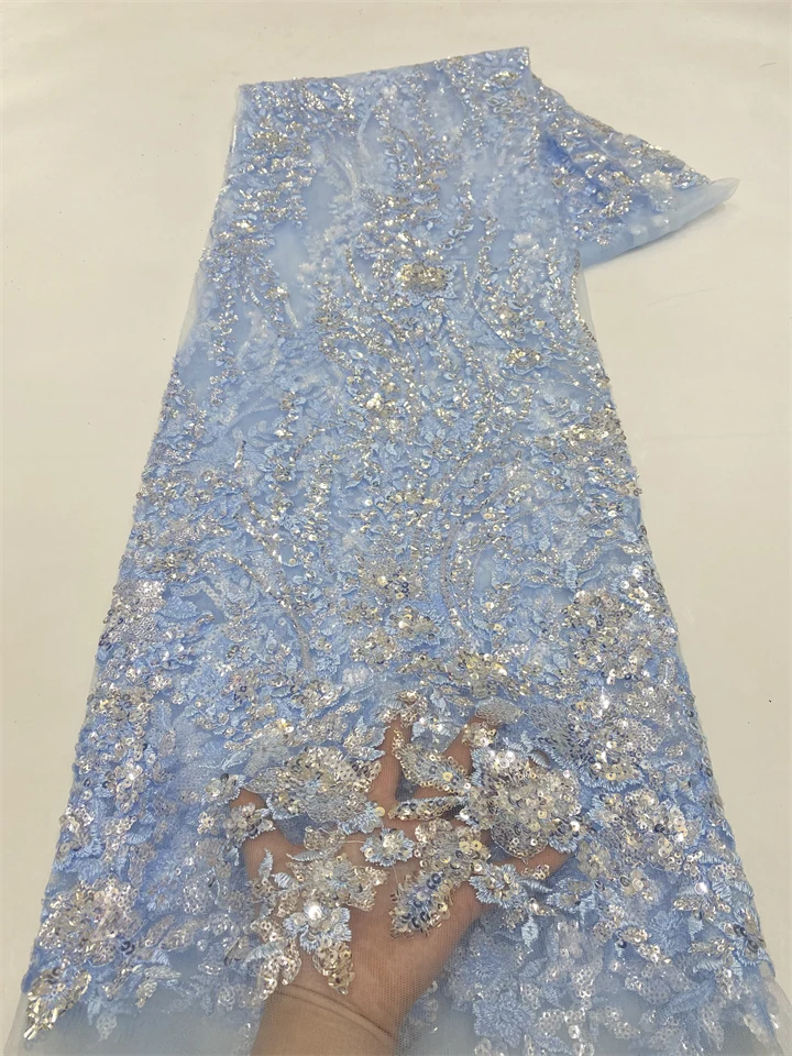 

Bridal Lace Fabric 2025 Luxury French Tulle with Sequins Beads for African Nigerian Wedding Dress Making Material VXZ6324