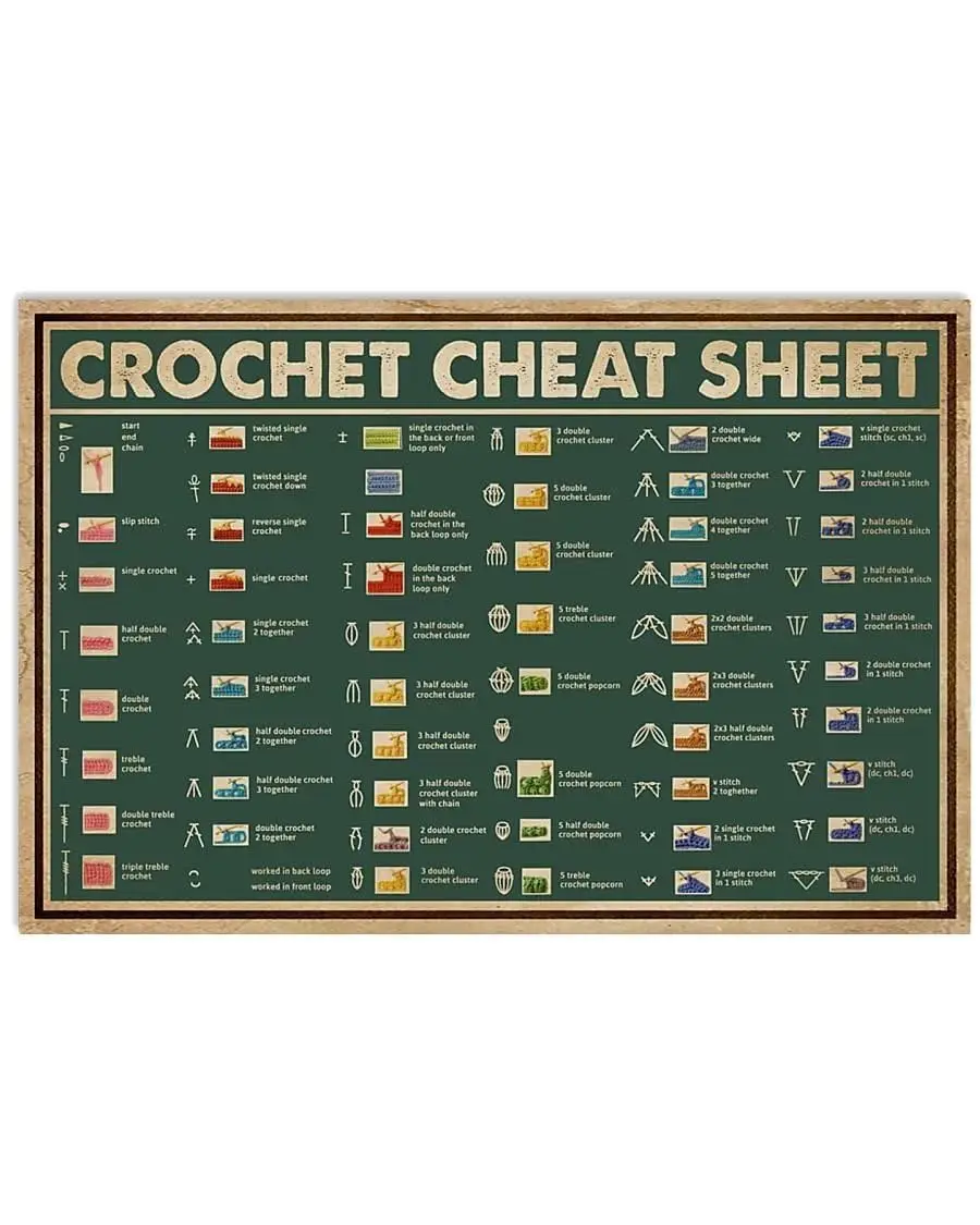 Metal Vintage Tin Sign Decor Crochet Cheat Sheet ​For Restaurant Bar Pub Shop Funny Retro Wall Art Sign 8x12 Inch