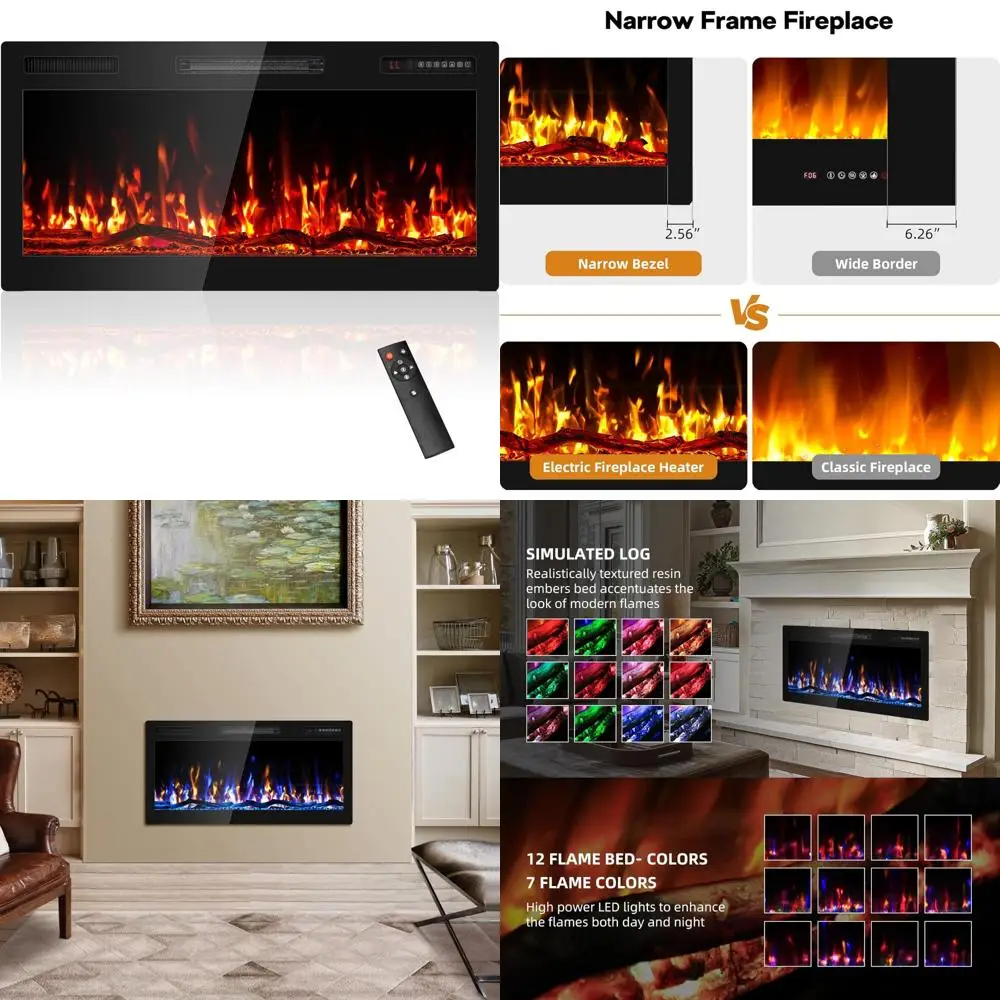 Ultra-Slim Bezel Electric Fireplace, Wide Screen HD Flame, Modern Wall-Mounted Fuel Bed Logs, Recessed Design for Contemporary H