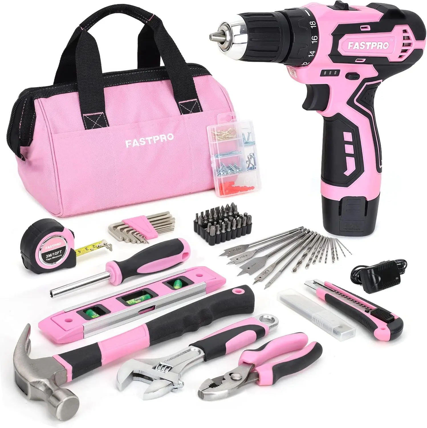 

175-Piece 12V Pink Drill Set, Cordless Lithium-ion Driver and Tool Kit, House Repairing Tool with 12-Inch Storage Bag, For DIY,