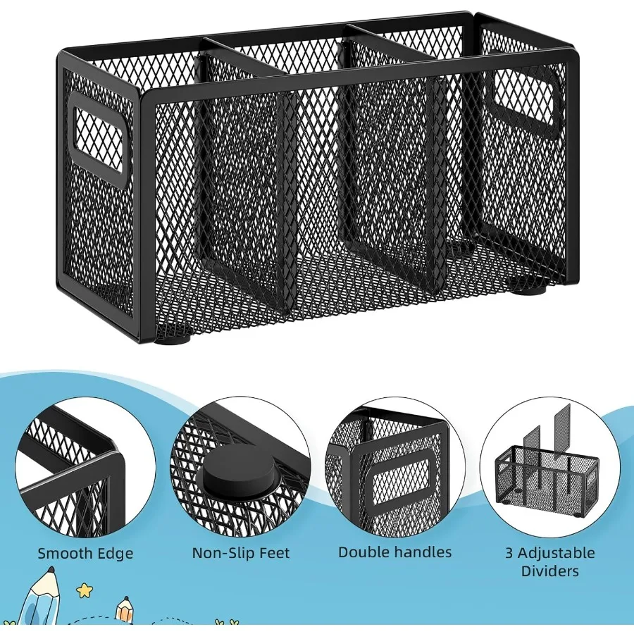 حامل أقلام شبكي لحامل المكتب ومنظم مكتب 3 مقصورات قابلة للتعديل مع مقبض مثالي لمكتب الفصول الدراسية #4