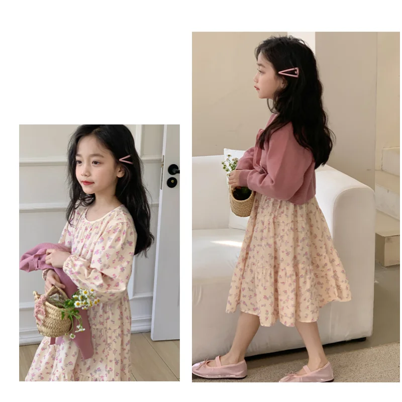 Girl Clothes Set Size 4-14Y Kids Cardigan+Dress Suits Child Coat Top+Floral Dresses Bottom Clothing Set Toddle Casual Dress Suit
