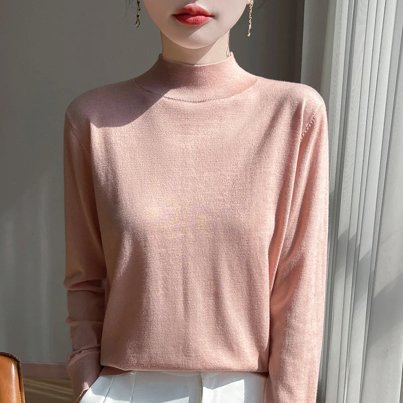 100% Merino Wool Sweater Mock-Neck Cashmere Pullover Long Sleeve Women Knitwear Basic Quality Autumn Clothing Tops