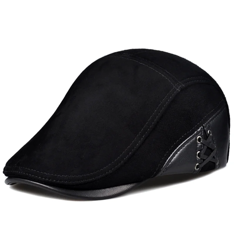 Golf European Style Genuine Leather Caps Beret Man Casual Sheepskin Suede Black/Brown Fitted Duckbill Hats Male Boina