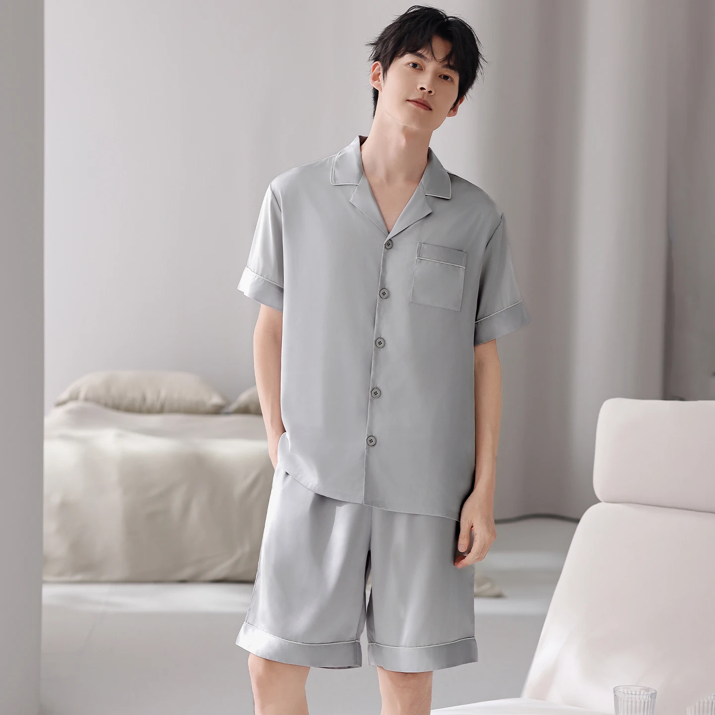 Solid Cardigan Satin Pajamas Short Sleeve For Men Silk Imitation Short Pants Sleepwear Summer Male Pajamas Set Nightgown For Men