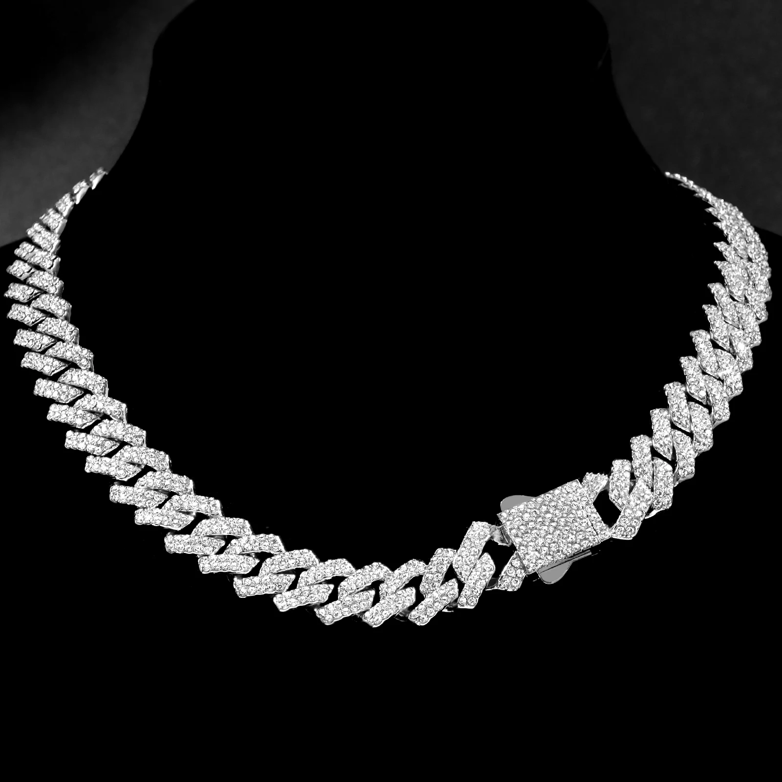 16/18/20/22/24inch Prong Cuban Link Chain for Men Iced Out 2 Row Rhinestone Paved Rhombus Cuban Chain Hiphop Necklace Jewelry