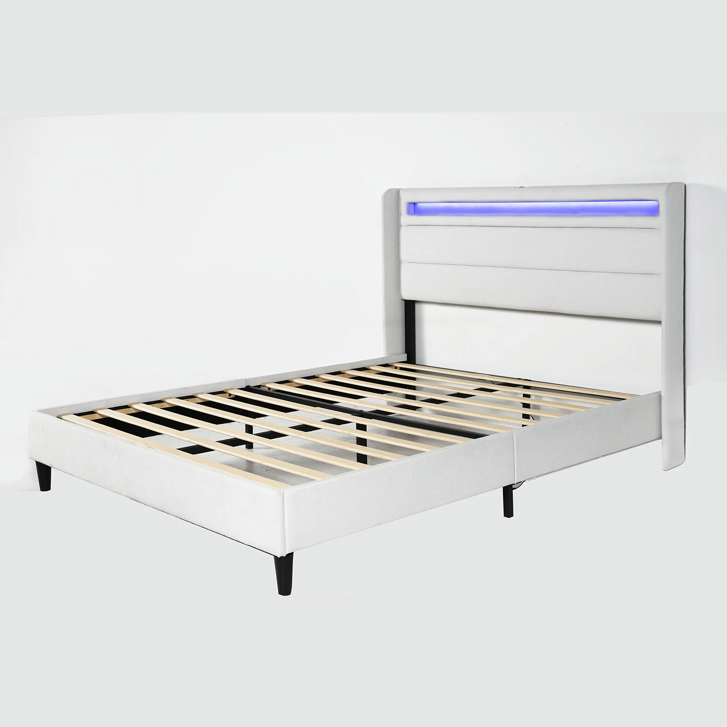 Heavy Duty Wood Slats Queen Bed Frame With LED Lights Modern Style Fabric Double Upholstered Bed