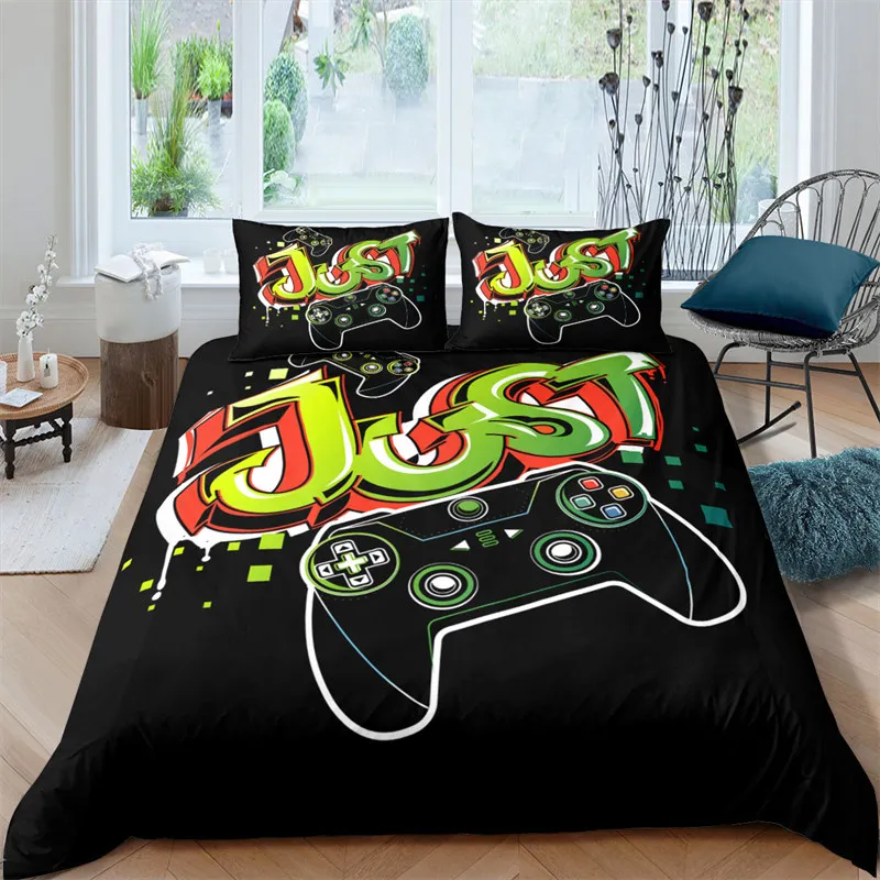 Boys Gamepad Duvet Cover Kids Young Man Video Games Bedding Set Twin Microfiber Classic Gaming With Controller Black Quilt Cover