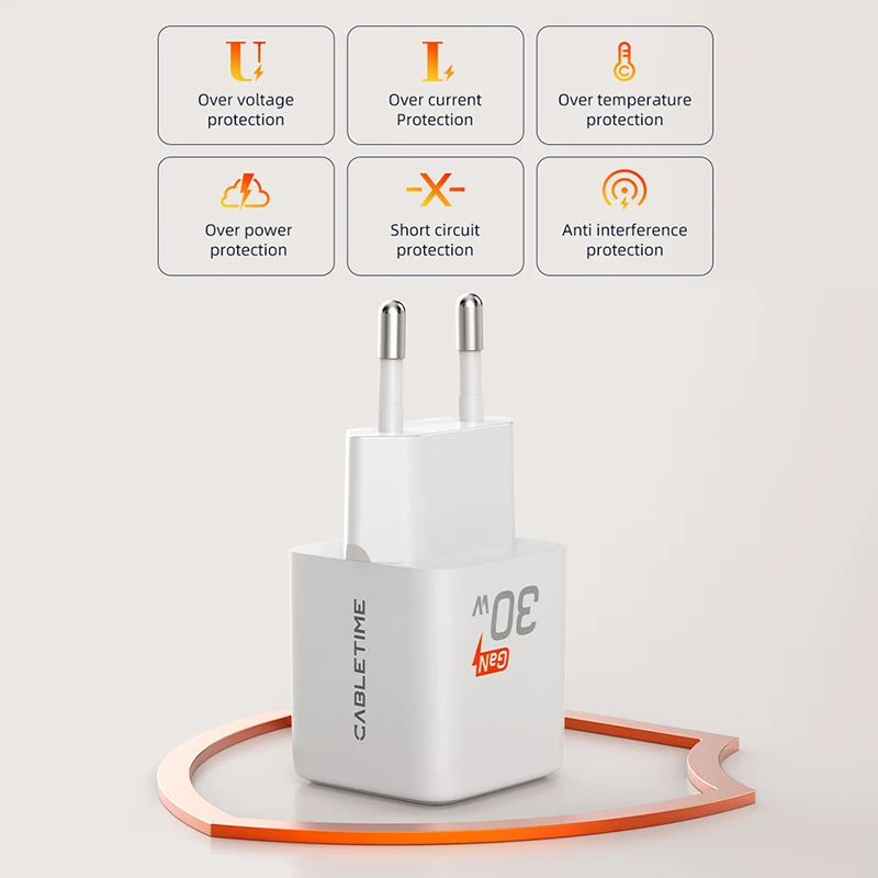 CABLETIME 30W GaN Caricatore PD QC 3.0 USB veloce Tipo C Ricarica Tipo C PD3.0 Caricatore rapido per telefono per iPhone 15 iPad Huawei Caricatore