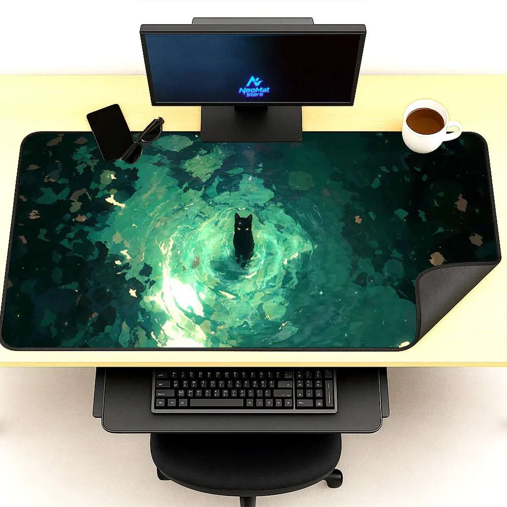 

Green Black Cat Mouse Pad Large Desk Mat XXL Extended Gaming Non-Slip Rubber 1000x500mm Thick Office Home Computer Accessories