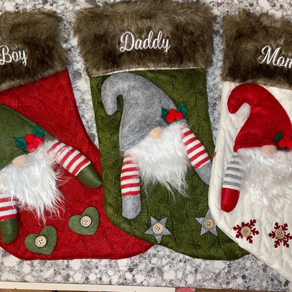 

Christmas Decorations Personalized Name Forest Man Doll Christmas Kids Gift Bag Knitted Socks Christmas Tree Pendants with Names