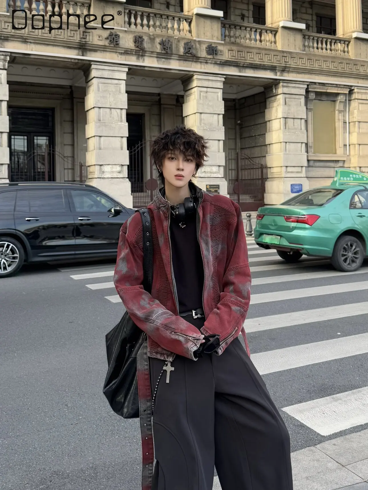 

2026 Spring Autumn American High Street Vintage Style Men's Loose Casual Daily Red Gray Turn-Down Collar Zip Up Jeans Jacket