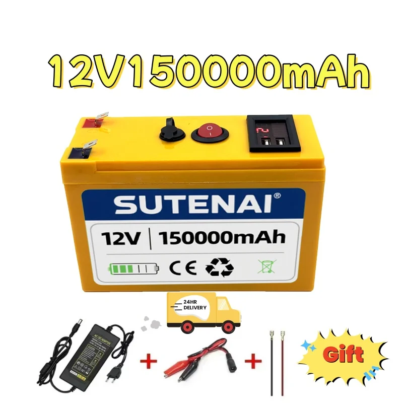 

12V Battery 150Ah 18650 lithium battery pack Rechargeable battery for solar energy electric vehicle battery+12.6v3A charger