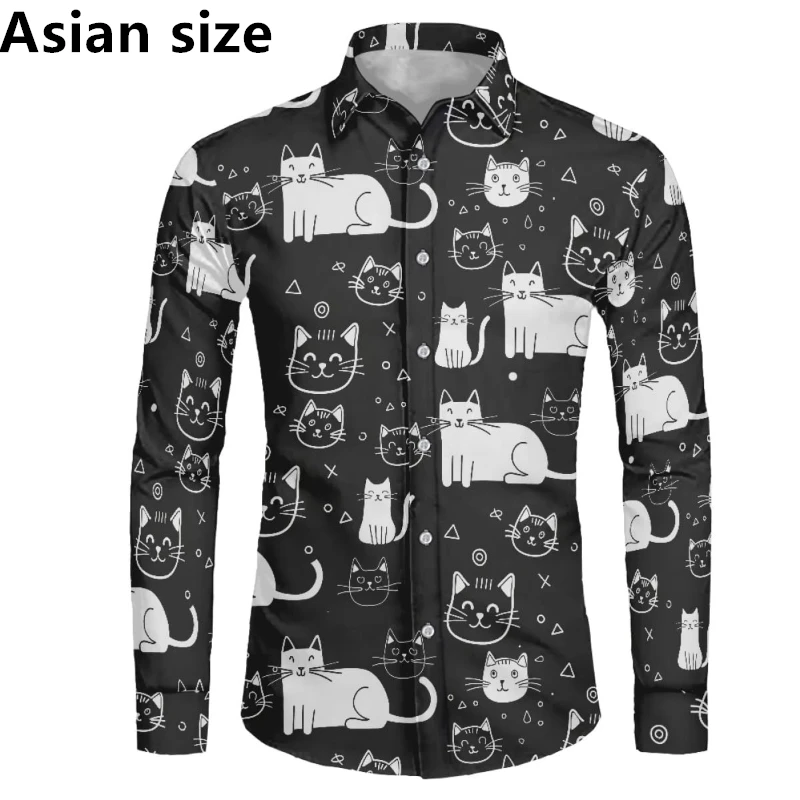 

Мужские рубашки с милым котом и 3D принтами, гавайская рубашка в стиле аниме, мужская рубашка с длинным рукавом, блузка с лацканами, большой топ унисекс Y2k