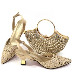 Doershow New Arrival African Wedding Shoes and Bag Set gold Color Italian Shoes with Matching Bags Nigerian lady party HSD1-2