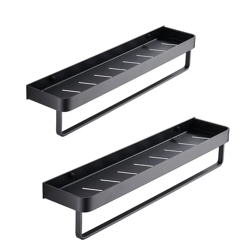 

NEW-Bathroom Black Shelf With Towel Bar Aluminum Corner Shelves Towel Rack Shampoo Holder Kitchen Storage Rack