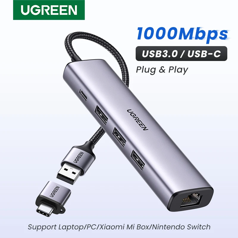 UGREEN USB Ethernet Adapter USB3.0 Splitter 1000Mbps USB to RJ45 for Laptop Desktop PC Macbook Docking Station USB-C Extender